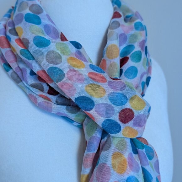 VINTAGE 1990s Style Dots rainbow polka dot on white semi sheer scarf EUC - Picture 2 of 6